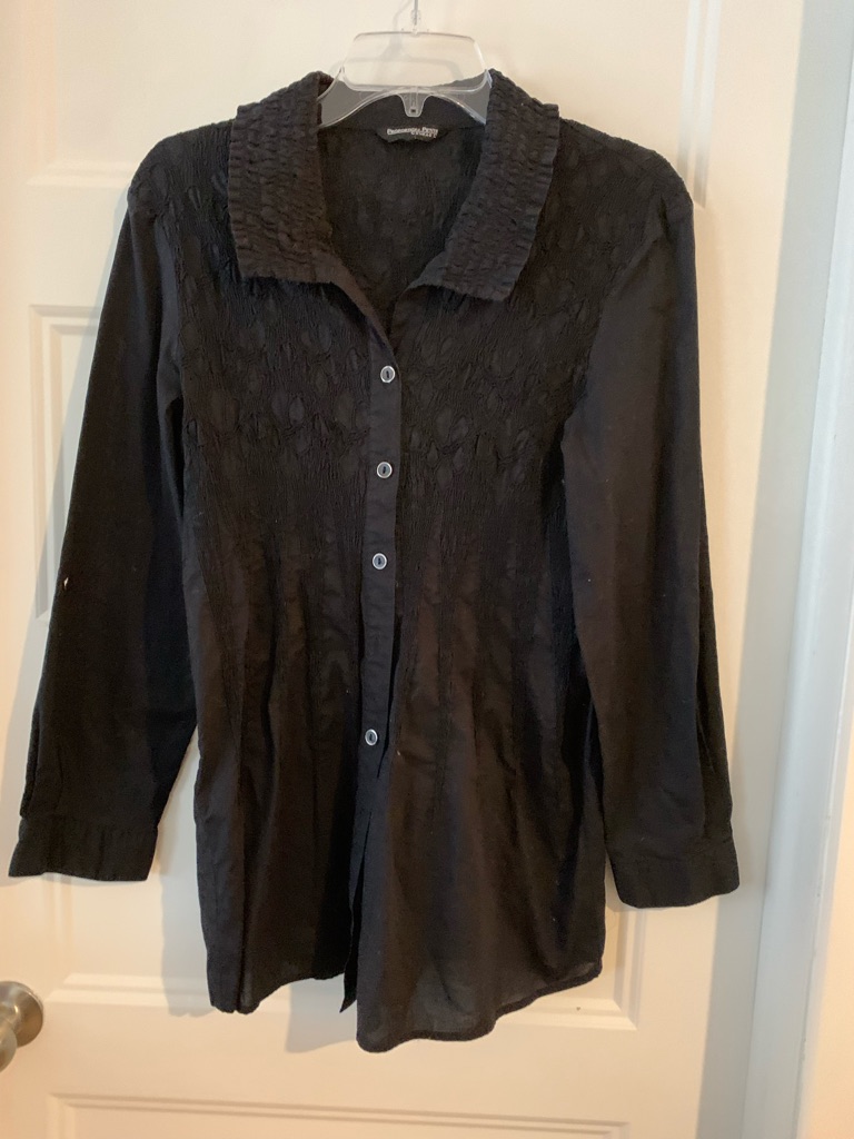 Proportion Petite Conrad C Women's Black Button-Front Textured Blouse